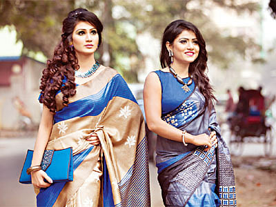 তসর কাপড়ে আছে দারুণ বৈচিত্র্য। মডেল: মিম ও মুন পোশাক: ড্রেসিডেল, সাজ: রেড, ছবি: কবির হোসেন