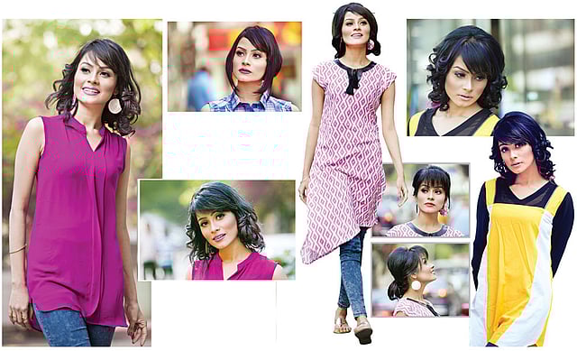 কার্ল, স্পাইরাল বা লুজ বান—ছোট চুলেও করতে পারেন নানা স্টাইল। মডেল: মাশিয়াত, সাজ: তানজিমা শারমিন পোশাক: ক্যাটস আই, ছবি: কবির হোসেন