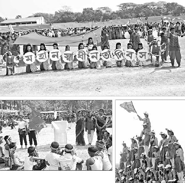 মহান স্বাধীনতা দিবসে গতকাল সকালে ফরিদপুর স্টে​ডিয়ামে কুচকাওয়াজ অনুষ্ঠানে শারীরিক কসরত প্রদর্শন করে বিভিন্ন শিক্ষাপ্রতিষ্ঠানের শিক্ষার্থীরা (ওপরে), রাজবাড়ীর গোয়ালন্দ উপজেলা পরিষদ মাঠে বঙ্গবন্ধুর ডাকে মুক্তিযুদ্ধে যাওয়ার প্রস্তুতির প্রতীকী চিত্র (নিচে বাঁয়ে), কুষ্টিয়া স্টেডিয়ামে কুষ্টিয়া সরকারি বালিকা শিশু পরিবারের শারীরিক কসরত ছবি l প্রথম আলো