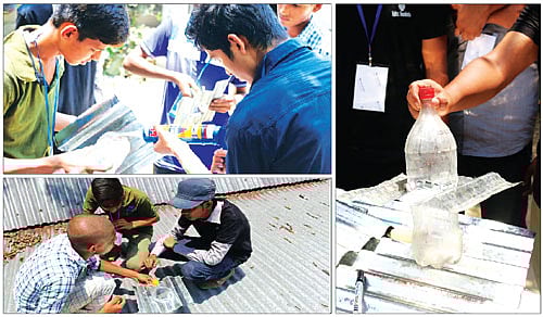 প্লাস্টিকের বোতলে পানি ও ক্লোরিন মিশিয়ে ‘বোতল বাতি’ তৈরি করছেন লাইটস ফাউন্ডেশনের স্বেচ্ছাসেবকেরা। তৈরি হওয়া বাতি লাগানো হচ্ছে টিনের চালে l প্রথম আলো