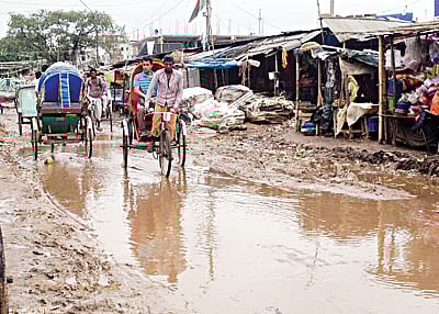শিয়ালবাড়ী–দুয়ারীপাড়া সড়কটি দীর্ঘদিন ধরে চলাচলের অনুপযোগী। এলাকাবাসীকে পোহাতে হয় সীমাহীন দুর্ভোগ। ছবিটি গত বৃহস্পতিবার তোলা l প্রথম আলো