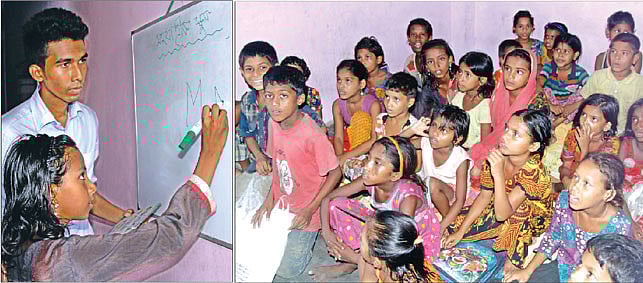 নগরের দেওয়ান বাজারে আনন্দের পাঠশালা সহযািত্রকে পড়ছে বস্তির সুবিধাবঞ্চিত শিশুরা। কলেজপড়ুয়া দুই তরুণ তাঁদের বন্ধুদের নিয়ে গড়ে তুলেছেন এই বিদ্যালয় l জুয়েল শীল