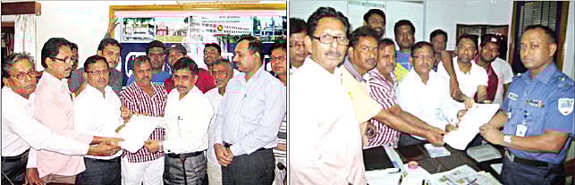 ঝিনাইদহে সাংবাদিক আজাদ রহমানের বিরুদ্ধে মিথ্যা অভিযোগে মামলা দায়েরের প্রতিবাদে প্রেসক্লাবের পক্ষ থেকে জেলা প্রশাসক (বাঁয়ের ছবি) ও পুলিশ সুপারের কাছে (ডানের ছবি) স্মারকলিপি দেওয়া হয় l ছবি: প্রথম আলো