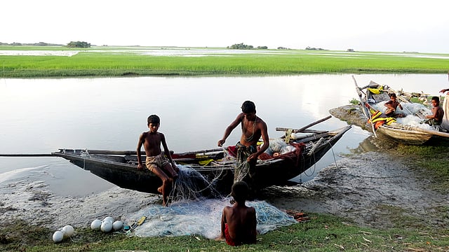 মৎস্যজীবীরা জাল নিয়ে মাছ শিকারের প্রস্তুতি নিচ্ছেন। ছবিটি চরপদ্মা গ্রাম থেকে তোলা। ছবি: নেয়ামতউল্যাহ, ভোলা