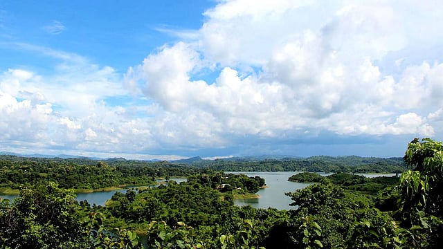 আলোকচ্ছটায় ঘন সবুজ কাপ্তাই হ্রদ এলাকা। ছবি: সুপ্রিয় চাকমা, রাঙামাটি