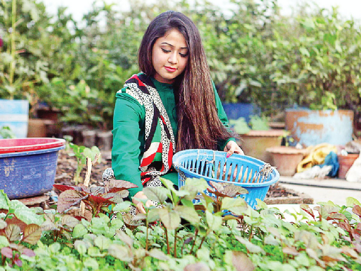 নিজের বাসার ছাদে সবজির বাগান করেছেন মডেল ফারিয়া। ছবি: খালেদ সরকার