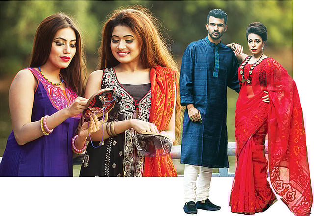 নানা রকম ফোঁড়ের মিশেলে পোশাকে নকশা করা হচ্ছে। মডেল: সৌমি, সূচনা ও আজিম–উদ্দৌলা। পোশাক: বিবিয়ানা, সাজ: রেড, ছবি: কবির হোসেন