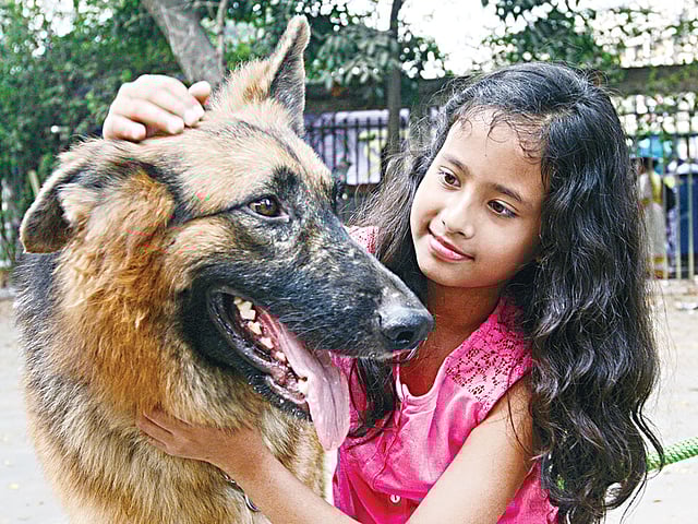 জাতীয় প্রেসক্লাবে গতকাল পোষা কুকুর প্রদর্শনীতে নিজের কুকুরের সঙ্গে এক শিশু  l ছবি: প্রথম আলো