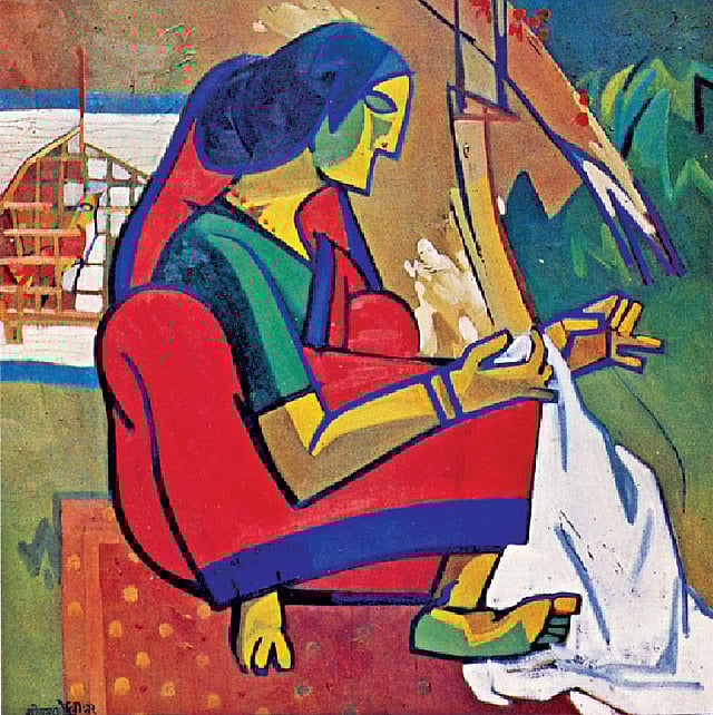 কাইয়ুম চৌধুরীর তেলরং–চিত্র: ‘কাঁথা সেলাই’