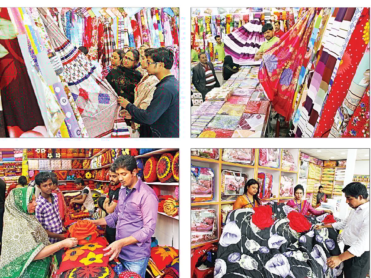 ঢাকা আন্তর্জাতিক বাণিজ্য মেলায় গতকাল (ঘড়ির কাঁটার দিকে) ক্লাসিক্যাল হোম টেক্স, পাকিজা হোম কালেকশন, বেঙ্গল ও কুষ্টিয়া হস্তশিল্পের পণ্য দেখেন গ্রাহকেরা l প্রথম আলো