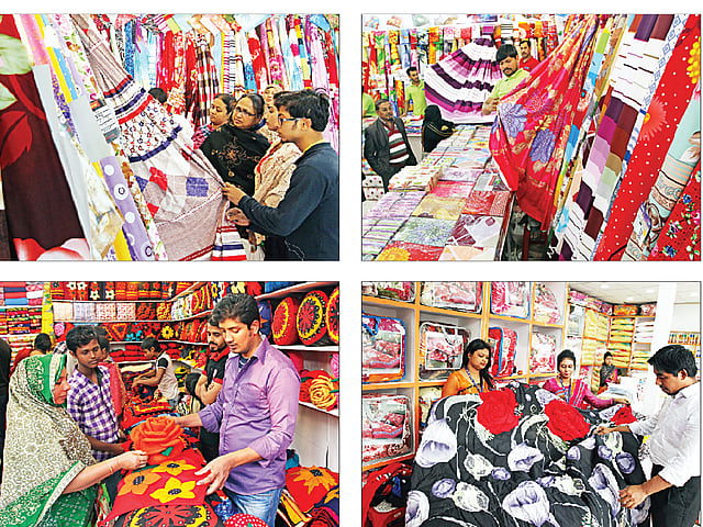 ঢাকা আন্তর্জাতিক বাণিজ্য মেলায় গতকাল (ঘড়ির কাঁটার দিকে) ক্লাসিক্যাল হোম টেক্স, পাকিজা হোম কালেকশন, বেঙ্গল ও কুষ্টিয়া হস্তশিল্পের পণ্য দেখেন গ্রাহকেরা l প্রথম আলো