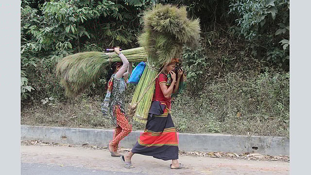 বাজারে উলু ফুল বিক্রি করতে নিয়ে যাচ্ছে দুই আদিবাসী তরুণী। ছবিটি আজ বৃহস্পতিবার সকালে খাগড়াছড়ি শহরের ন্যান্সিবাজার এলাকা থেকে তোলা। ছবি: নীরব চৌধুরী