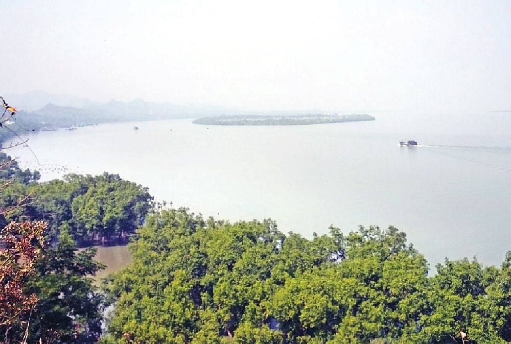 নাফ নদীর মাঝখানে গোলাকৃতির জালিয়ারদিয়ার দ্বীপ। ছবিটি ১৮ ফেব্রুয়ারি নদী ঘেঁষা নেটং পাহাড় থেকে তোলা l প্রথম আলো