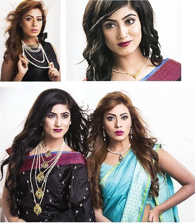 কয়েক লহরির মুক্তার মালার সঙ্গে ব্যবহার করা হচ্ছে সোনা ও রুপার লকেট। এ ছাড়া অক্সিডাইজড গয়নাতেও ভিন্নতা আনেছ মুক্তা (ডানে)