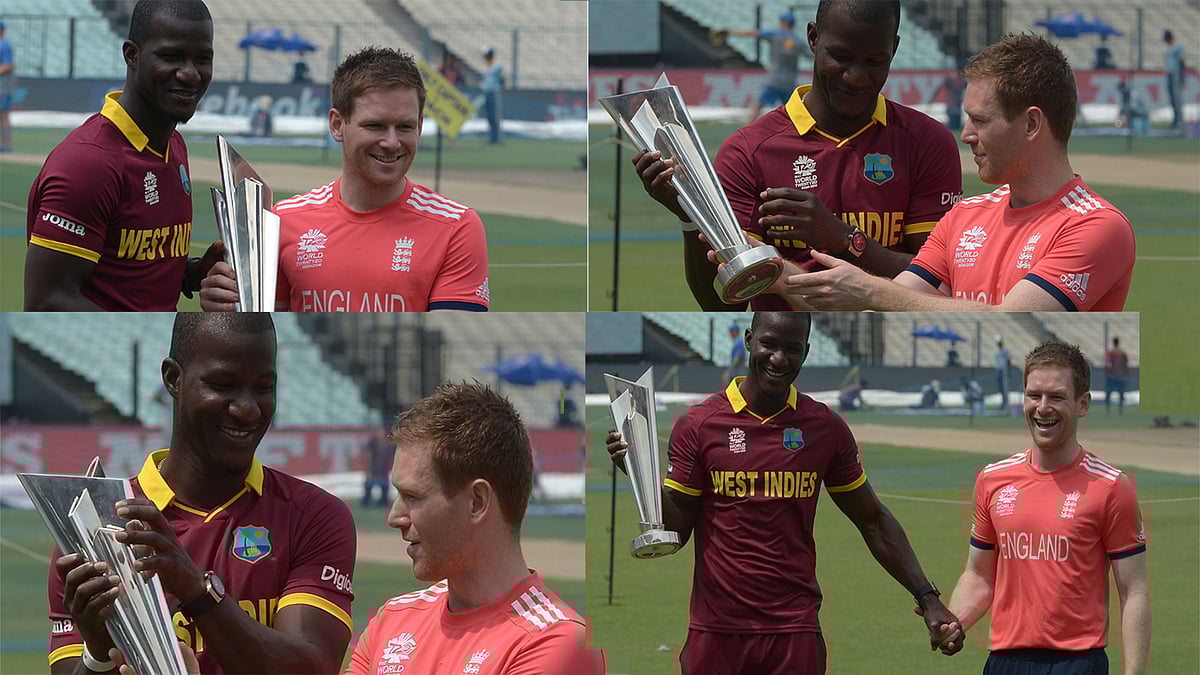 বিশ্বকাপ ট্রফি নিয়ে দুই অধিনায়কের ছবি তোলার পালা। দুষ্টুমি করে এউইন মরগানের হাত থেকে কাপটি কেড়েই নিলেন ড্যারেন স্যামি। কাপটি শেষমেশ কে জিতে নিতে পারেন জানা যাবে আজকের ফাইনালেই।