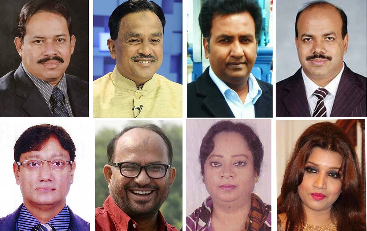 বাঁ দিক থেকে মজিবর রহমান সারোয়ার, সৈয়দ মোয়াজ্জেম হোসেন আলাল, হাবিব উন নবী খান সোহেল ও আসলাম চৌধুরী। নিচের বাঁ দিক থেকে শাহাদাত হোসেন, নজরুল ইসলাম মঞ্জু, বিলকিস জাহান শিরিন ও শামা ওবায়েদ। ছবি: সংগৃহীত