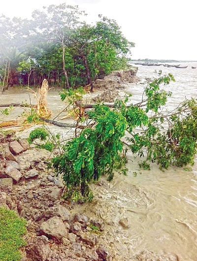 ঘূর্ণিঝড় রোয়ানুর প্রভাবে সৃষ্ট জলোচ্ছ্বাসে পটুয়াখালীর কলাপাড়া উপজেলার মহিপুর ইউনিয়নের নিজামপুর গ্রামের বন্যা নিয়ন্ত্রণ বাঁধ ভেঙে জোয়ারের পানি লোকালয়ে প্রবেশ করছে l প্রথম আলো