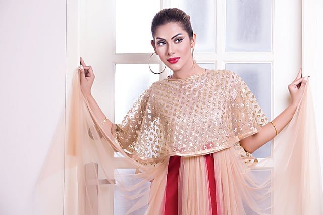 নেট বা মসলিনের কাপড়ে নকশা করা কেইপ নজর কাড়বে দাওয়াতে। পোশাক: ভায়োলা বাই ফারিয়া