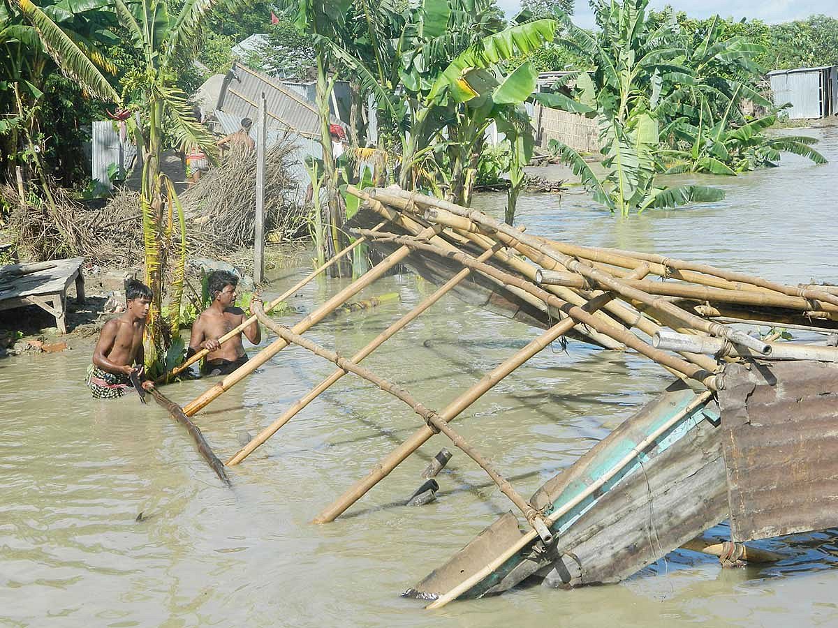 রাজবাড়ীর গোয়ালন্দ উপজেলার দৌলতদিয়ার ১ নম্বর ফেরিঘাট এলাকায় মঙ্গলবার গভীর রাতে হঠাৎ ভাঙনে তিনটি খাবার হোটেল ও দোকান নদীগর্ভে চলে যায়। একই সঙ্গে পদ্মায় বিলীন হয় ঘাট-সংলগ্ন সিদ্দিক কাজীর পাড়ার ছয় পরিবারের বসতভিটা। ছবি: এম রাশেদুল হক