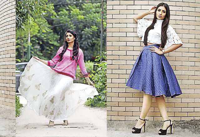 লম্বায় ছোট স্কার্টের নিচের অংশে এলোমেলো কাট। পোশাক: এক্সট্যাসি