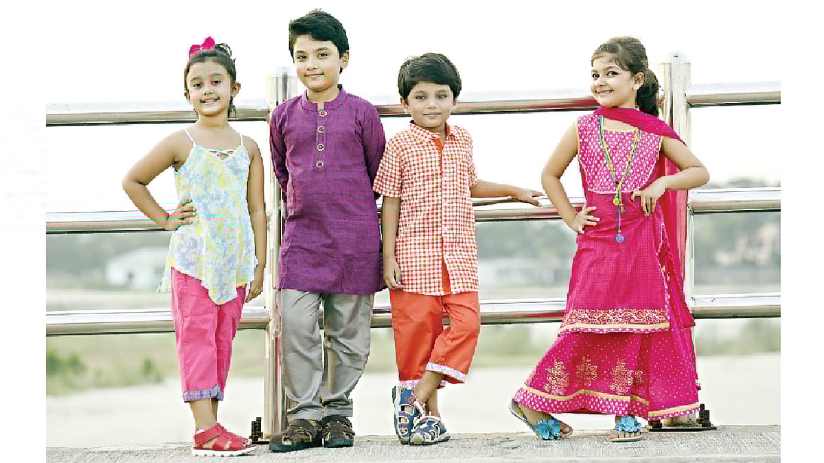 ঈদের দিনটি বর্ণিল হয়ে ধরা দেয় শিশুদের পোশাকে। মডেল: রাইসা, বৃহান, আয়ান ও আরিয়ানা। পোশাক: লারিভ