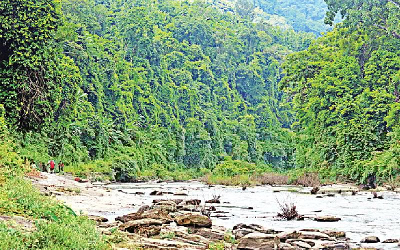 পাহাড়ঘেরা রে​ম​াক্রি খালের পাশ দিয়ে হেঁটে নাফাখুম ঝরনায় চলেছে অভিযাত্রী দল। বান্দরবানের থানচি উপজেলার রেমাক্রিতে অবস্থিত নাফাখুম ঝরনা পর্যটকদের অন্যতম আকর্ষণে পরিণত হয়েছে। দুর্গম এই ঝরনায় পেঁৗছাতে বান্দরবান থেকে লেগে যায় এক দিনেরও বেশি। যেতে হয় জিপে, হেঁটে ও নৌকায়। যাত্রাপথে পদে পদে রোমাঞ্চের হাতছানি।  ছবিটি ১৫ সেপ্টেম্বর তোলা l প্রথম আলো