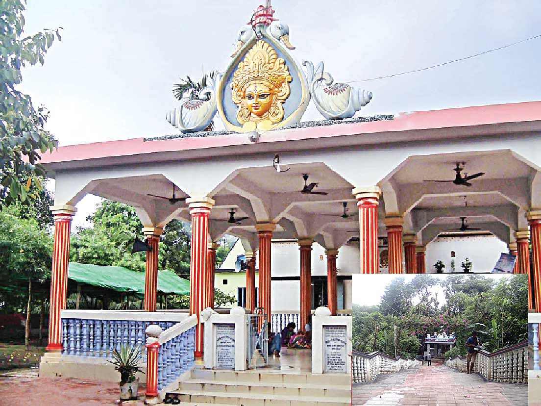 দুর্গাপূজার উৎ​পত্তিস্থল হিসেবে পরিচিত মেধস মুনির আশ্রমে কারুকার্যখচিত দেবী চণ্ডীর মন্দির। (ইনসেটে) আশ্রমে ওঠার ১৪০ ধাপ সিঁড়ি l প্রথম আলো