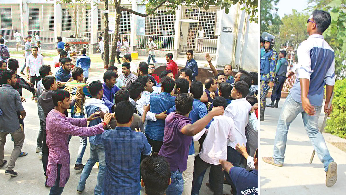 রাজশাহী কলেজে গতকাল ছাত্রদল–ছাত্রলীগের মধ্যে হাতাহাতির ঘটনা ঘটে (বাঁয়ে)। এর পর কলেজের প্রশাসনিক ভবনের সামনে ছাত্রলীগের কর্মীরা ভাঙচুর চালান। এ সময় একজনকে পাইপ হাতে এগিয়ে যেতে দেখা যায় l ছবি: প্রথম আলো