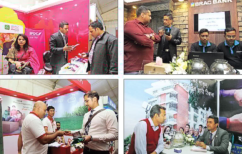 ঢাকার শেরেবাংলা নগরের বঙ্গবন্ধু আন্তর্জাতিক সম্মেলন কেন্দ্রে রিহ্যাবের শীতকালীন আবাসন মেলায় (ঘড়ির কঁাটার​ দিকে) আইপিডিসি ফাইন্যান্স, ব্র্যাক ব্যাংক, ন্যাশনাল হাউজিং ফাইন্যান্স ও দ্য সিটি ব্যাংকের স্টলে গৃহঋণ বিষয়ে কথা বলছেন ক্রেতা ও দর্শণার্থীরা l ছবি: প্রথম আলো
