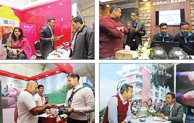ঢাকার শেরেবাংলা নগরের বঙ্গবন্ধু আন্তর্জাতিক সম্মেলন কেন্দ্রে রিহ্যাবের শীতকালীন আবাসন মেলায় (ঘড়ির কঁাটার​ দিকে) আইপিডিসি ফাইন্যান্স, ব্র্যাক ব্যাংক, ন্যাশনাল হাউজিং ফাইন্যান্স ও দ্য সিটি ব্যাংকের স্টলে গৃহঋণ বিষয়ে কথা বলছেন ক্রেতা ও দর্শণার্থীরা l ছবি: প্রথম আলো