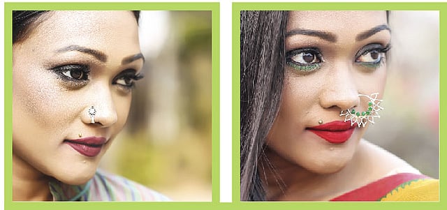 দেশীয় নকশার ছোঁয়া নাকফুলে। নাকফুল: আড়ং, নাকফুল: আয়স