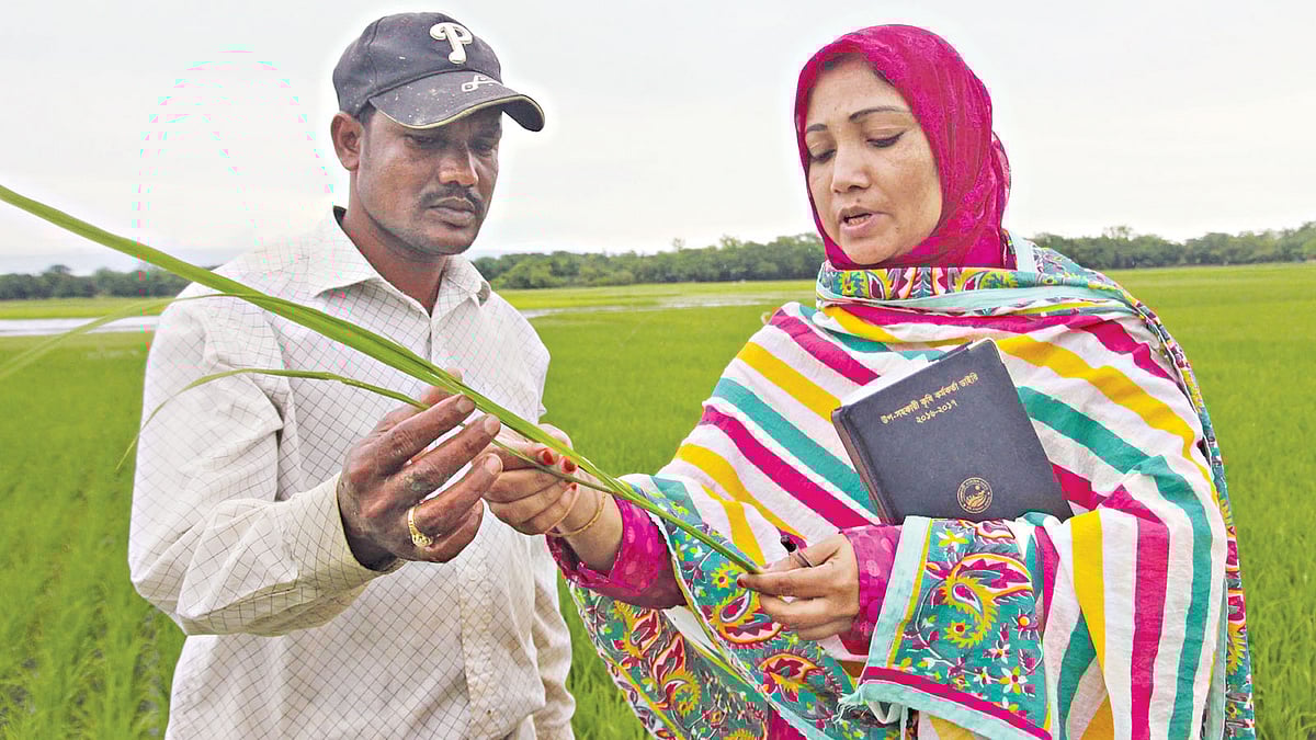 কৃষককে পরামর্শ দিচ্ছেন কৃষি কর্মকর্তা সেজু আক্তার। ছবি: আনিস মাহমুদ