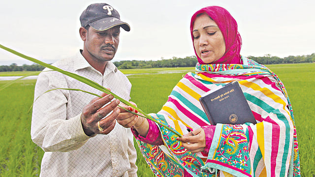 কৃষককে পরামর্শ দিচ্ছেন কৃষি কর্মকর্তা সেজু আক্তার। ছবি: আনিস মাহমুদ
