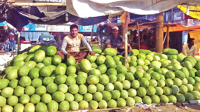 টেকনাফ পৌরসভার বাসস্টেশন বাজারে বিক্রির জন্য তরমুজ নিয়ে বসেছেন এক বিক্রেতা। ছবিটি ​১০​ ফেব্রুয়ারি তোলা l প্রথম আলো