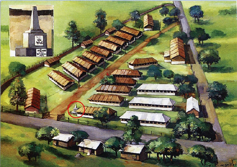 শিল্পীর তুলিতে ‘মেডিকেল ব্যারাক’ নামে পরিচিত ঢাকা মেডিকেল কলেজ ছাত্রাবাস, ১৯৫২। ১২ নম্বর ব্যারাকের পাশে দেখা যাচ্ছে প্রথম শহীদ মিনারের অবস্থান (লাল চিহ্নিত)। ইনসেটে শহীদ মিনার। সৌজন্যে: সুলতানা আহমেদ