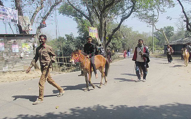 গোপীনাথপুর মেলায় ঘোড়া কিনে হাসিমুখে বাড়ি ফিরছেন মতিউর রহমান। ছবিটি আজ বৃহস্পতিবার সকালে আক্কেলপুর পৌরশহরের নবাবগঞ্জ সেতু এলাকা থেকে তোলা। ছবি: প্রথম আলো