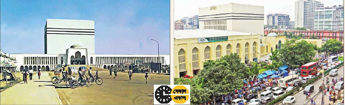 ফেসবুকের ‘ঢাকা ৪০০ ইয়ার্স হিস্ট্রি ইন ফটোগ্রাফ’ পেইজে ফারুক রহমানের তোলা বায়তুল মোকাররমের পুরোনো এই ছবিটি পাওয়া যায় । বর্তমান ছবি, গতকাল বৃহস্পতিবার তোলা