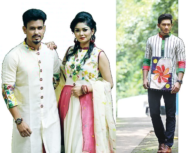 যুগলে প্রথম আলীস ক্রিয়েশনের পোশাক।  মডেল: রাহুল ও দেবলীনা,ছেলেদের ফতুয়ায় প্রথম আব্রু পোশাকি ব্যাপার। মডেল: ইহসাম