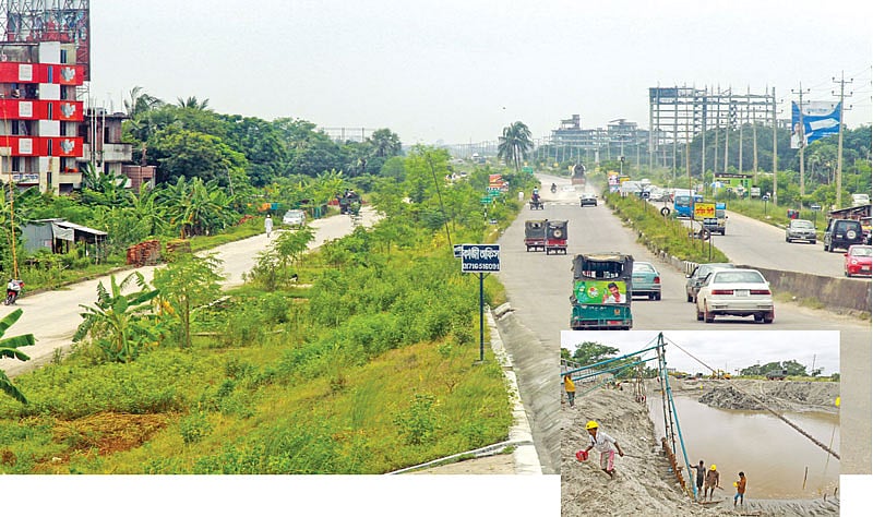 রাজধানীর ৩০০ ফুট রাস্তার পূর্বাচলের ডুমনী এলাকার একাংশ। ​বালু নদের কাছে ডুমনী এলাকায় খাল খননের কাজ চলছে (ইনসেটে)। গতকাল দুপুরে তোলা ছবি l সাজিদ হোসেন