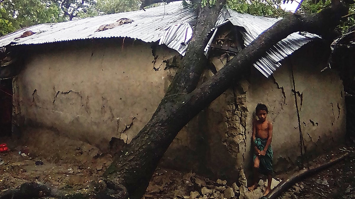 গাছ উপড়ে ভেঙে গেছে ঘর। ছবিটি গতকাল দুপুর চট্টগ্রামের বাঁশখালী উপজেলার পশ্চিম বড়ঘোনা এলাকা থেকে তোলা l প্রথম আলো