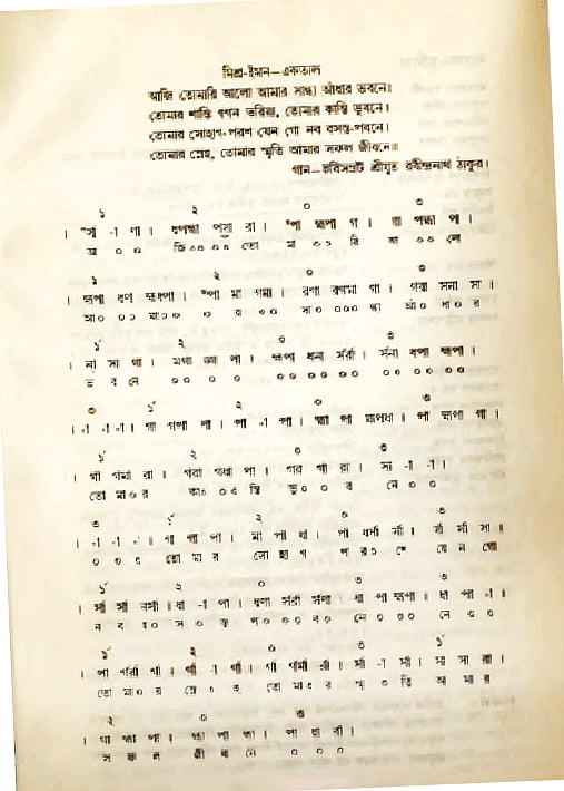 ‘আজি তোমারি আলো আমার সান্ধ্য আঁধার ভবনে’ গানটির স্বরলিপি; পশ্চিমবঙ্গ বাঙলা আকাদেমি পত্রিকায় পুনর্মুদ্রিত