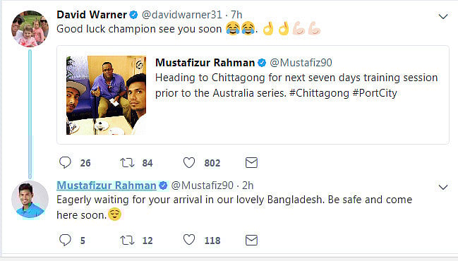 মোস্তাফিজ-ওয়ার্নারের টুইট : ছবি: টুইটার