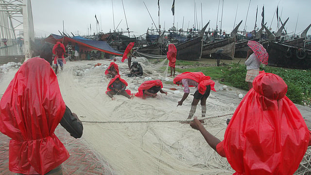 পাড়েই বাঁধা আছে ইলিশ মাছ ধরার সাম্পানগুলো।