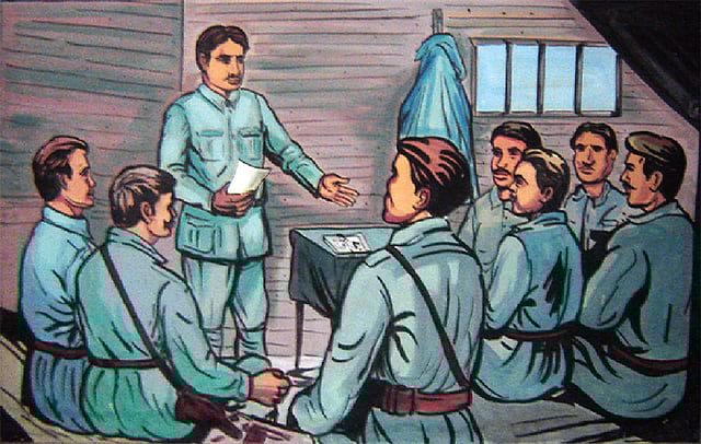 শিল্পীর চোখে ‘রুশ বিপ্লবের সংবাদ প্রকাশ করছেন নজরুল’। ছবিটি চুরুলিয়ায় নজরুল জাদুঘরে সংরক্ষিত