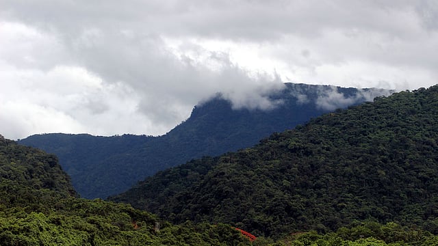 মেঘালয়ে সবুজে মোড়া পাহাড়। পাহাড়ের গা ছুঁয়ে উড়ছে মেঘের ভেলা।