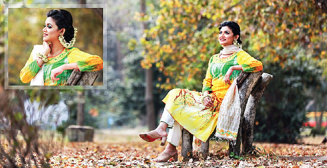 চুলে ফুল, ছড়িয়ে দিচ্ছে বসন্তের বার্তা। পোশাক: কে ক্র্যাফট