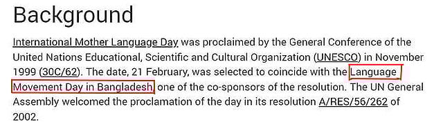 জাতিসংঘের ওয়েব পাতায় বাংলাদেশের প্রসঙ্গ লেখা হয়েছিল
