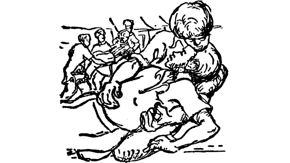 মুর্তজা বশীরের স্কেচে গুলিবিদ্ধ ভাষাশহীদ, ১৯৫৩ সালে হাসান হাফিজুর রহমান সম্পাদিত ‘একুশে ফেব্রুয়ারি’তে প্রকাশিত