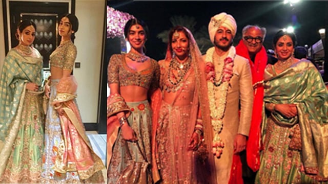 দুবাইয়ে ননদের ছেলে মোহিত মারওয়ারের বিয়ের দাওয়াতে মা- মেয়ে ও  বর-কনের সঙ্গে স্বামী ও মেয়েকে নিয়ে ছবি তোলেন শ্রীদেবী। ছবি: শ্রীদেবীর ইনস্টাগ্রাম থেকে নেওয়া