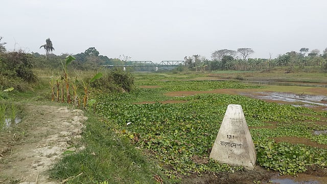 মরে গেছে ভৈরব নদ। ভারতের নন্দনপুর সেতুর নিচ দিয়ে বাংলাদেশে প্রবেশ করেছে এই নদ। মেহেরপুরে বাংলাদেশ–ভারত সীমান্ত পিলারের সামনে।  ছবি: প্রথম আলো